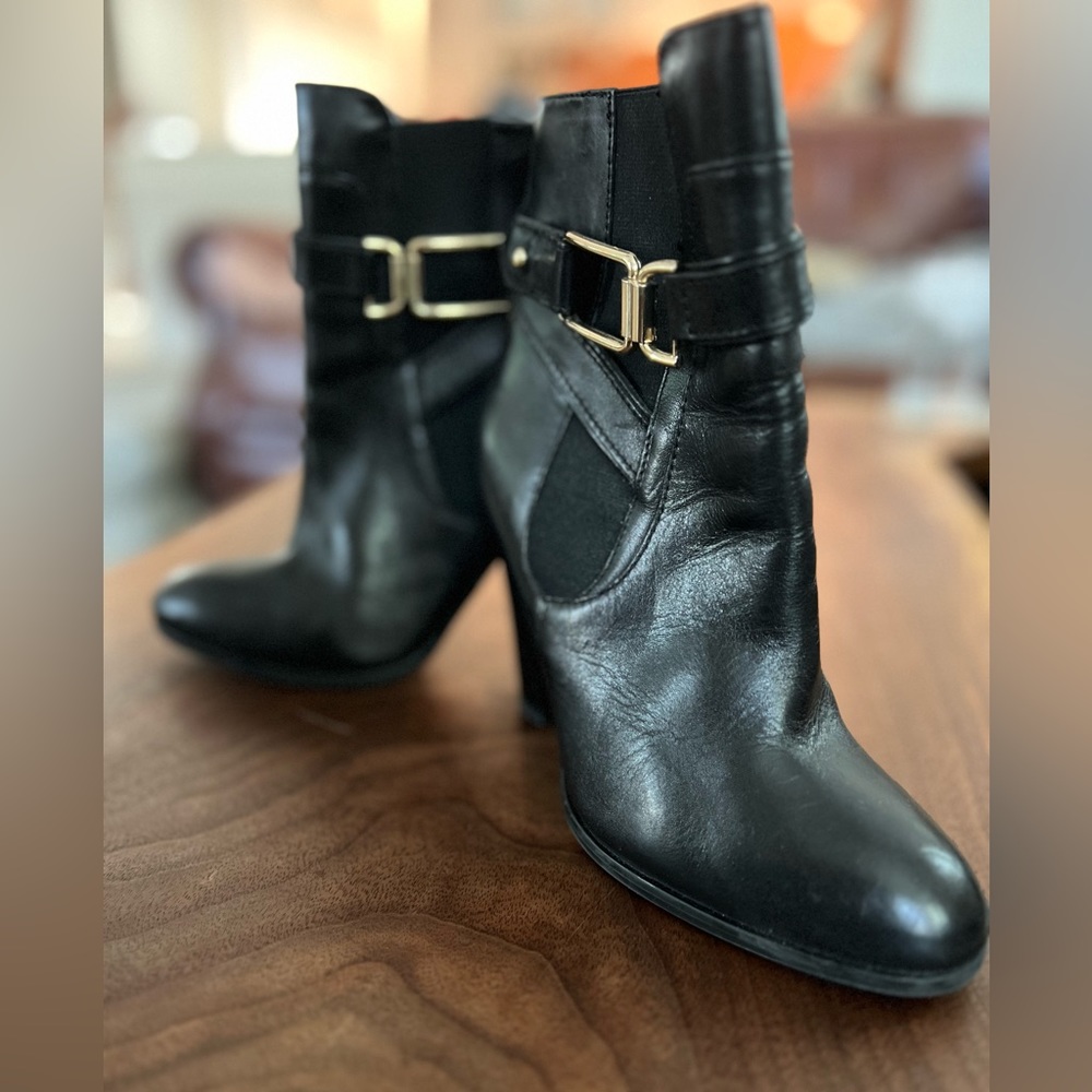 ALDO Black and Gold Buckle Faux Leather Bootie 6.5